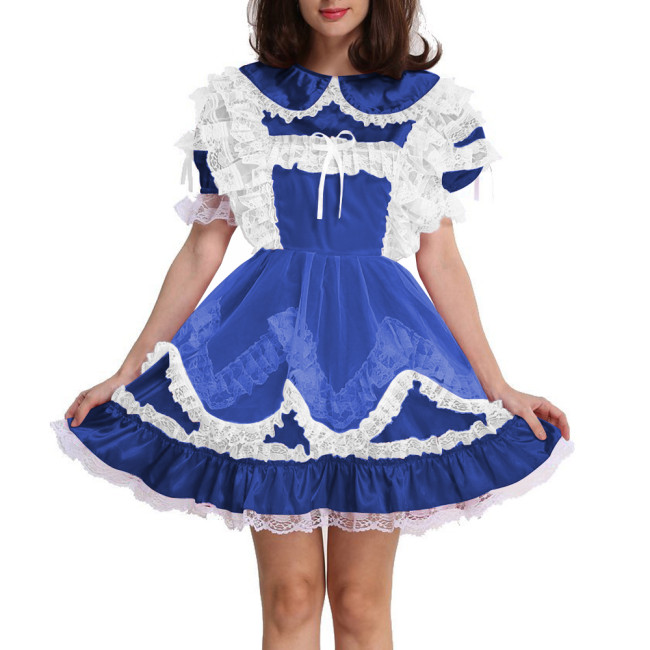 Lolita Sissy Maid Lockable Satin Mini Dress Party Cute Peter Pan Collar Maid Outfits Puff Short Sleeves A-line Pleated Dresses