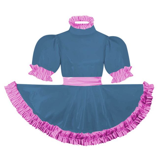 Adult Puff Short Sleeves Lolita Mini Dress Pink Ruffles Turtleneck Dress with Belt Crossdresser Party A-line Pleated Maid Dress