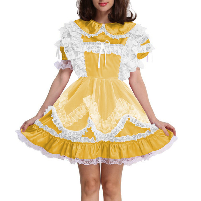 Lolita Sissy Maid Lockable Satin Mini Dress Party Cute Peter Pan Collar Maid Outfits Puff Short Sleeves A-line Pleated Dresses