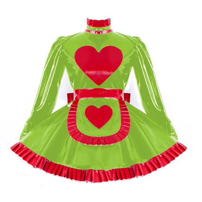 Lolita Pleated Maid Cosplay Dress Outfit Lockable Cross Dressing Maid Uniforms Cute Long Sleeve Dress with Heart Apron Halloween