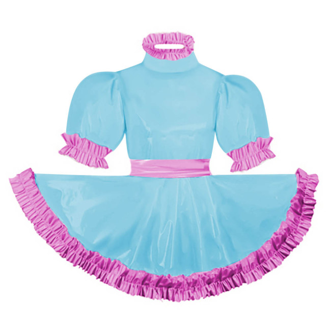 Adult Puff Short Sleeves Lolita Mini Dress Pink Ruffles Turtleneck Dress with Belt Crossdresser Party A-line Pleated Maid Dress