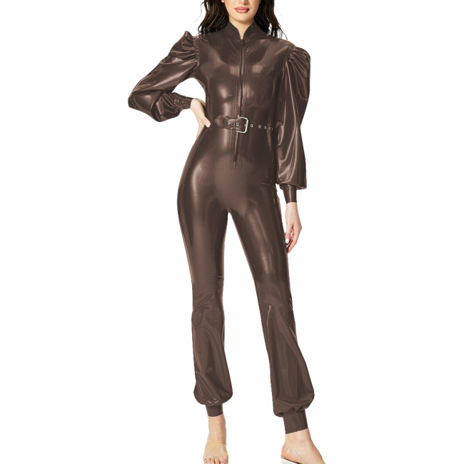 Puff Long Sleeves Jumpsuit for Ladies Wetlook Streetwear Back Zipper PVC Shiny Leather Rompers with Belt Party Womens Bodysuit