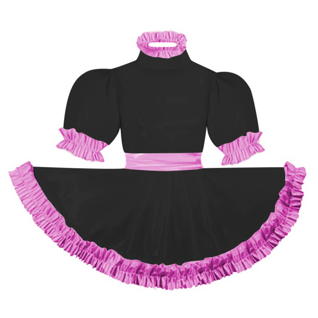 Adult Puff Short Sleeves Lolita Mini Dress Pink Ruffles Turtleneck Dress with Belt Crossdresser Party A-line Pleated Maid Dress