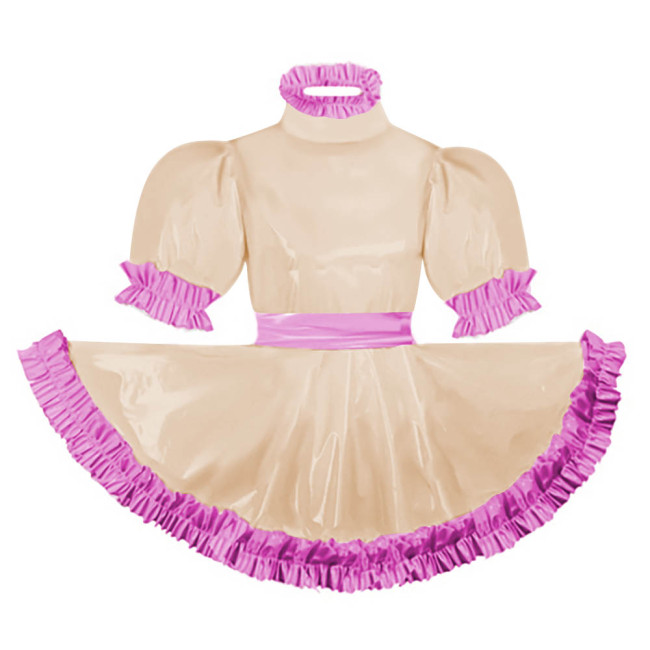 Adult Puff Short Sleeves Lolita Mini Dress Pink Ruffles Turtleneck Dress with Belt Crossdresser Party A-line Pleated Maid Dress