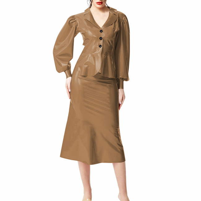 Plus Size Wet Look PVC Leather Dress Suit Puff Long Sleeves Slim Top with Knee-length Skirts Outfits Party Clubwear Streetwear