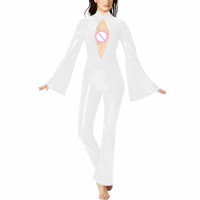 Ladies Flared Long Sleeved Hollow Sexy Jumpsuits 7XL Women Stand Collar Vinyl PVC Leather Skinny Rompers Stretch Female Clubwear
