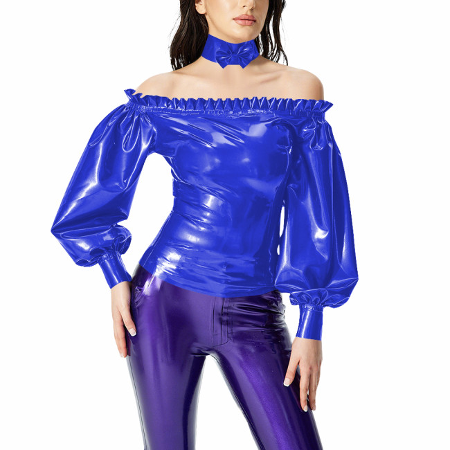 Fashion PVC Patent Leather Women Tops Sexy Ruffles Off Shoulder Top with Bow Collar Ladies Zipper Back Lantern Sleeve Blouses
