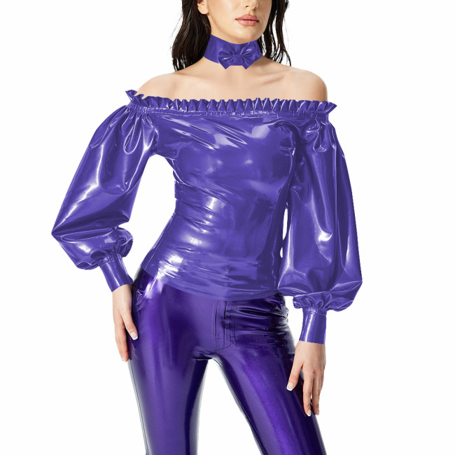 Fashion PVC Patent Leather Women Tops Sexy Ruffles Off Shoulder Top with Bow Collar Ladies Zipper Back Lantern Sleeve Blouses