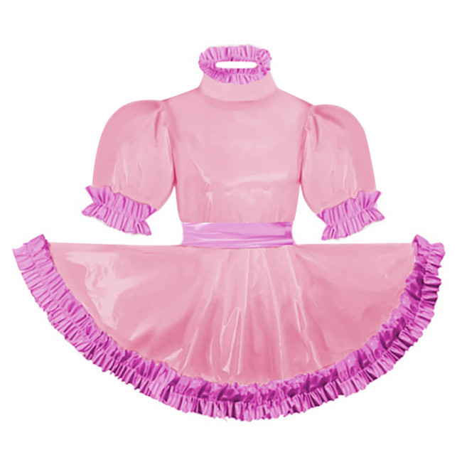 Adult Puff Short Sleeves Lolita Mini Dress Pink Ruffles Turtleneck Dress with Belt Crossdresser Party A-line Pleated Maid Dress