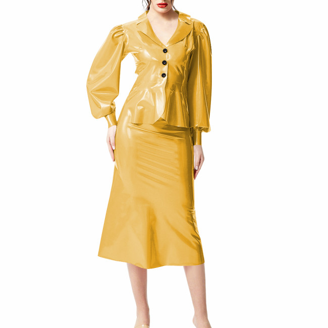 Plus Size Wet Look PVC Leather Dress Suit Puff Long Sleeves Slim Top with Knee-length Skirts Outfits Party Clubwear Streetwear
