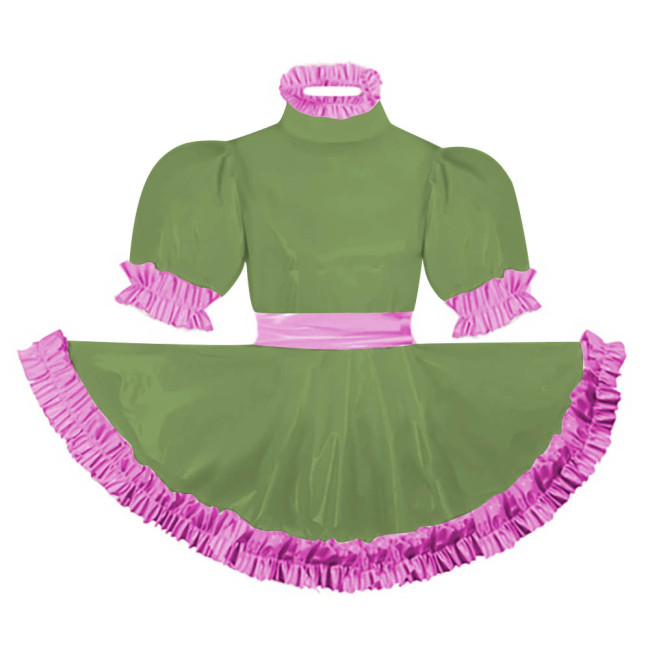 Adult Puff Short Sleeves Lolita Mini Dress Pink Ruffles Turtleneck Dress with Belt Crossdresser Party A-line Pleated Maid Dress