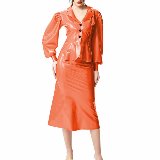 Plus Size Wet Look PVC Leather Dress Suit Puff Long Sleeves Slim Top with Knee-length Skirts Outfits Party Clubwear Streetwear