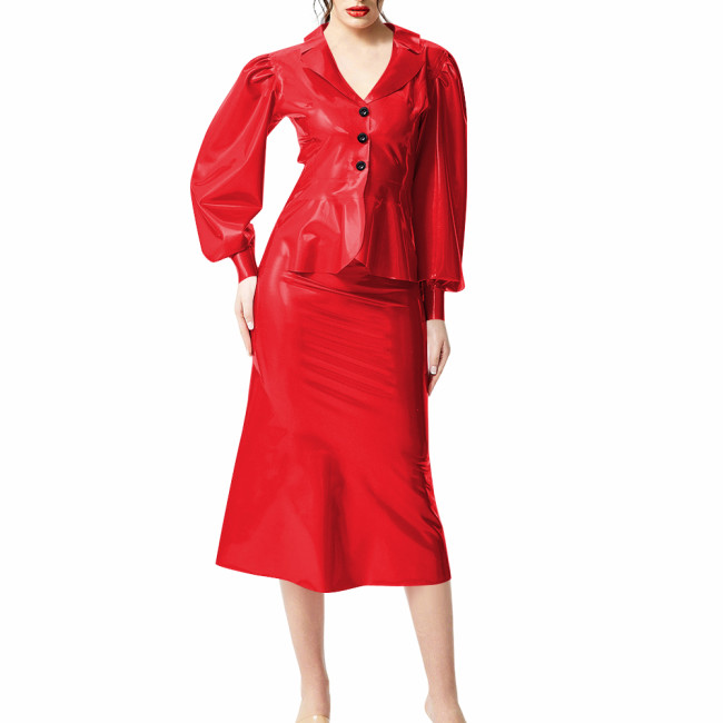 Plus Size Wet Look PVC Leather Dress Suit Puff Long Sleeves Slim Top with Knee-length Skirts Outfits Party Clubwear Streetwear