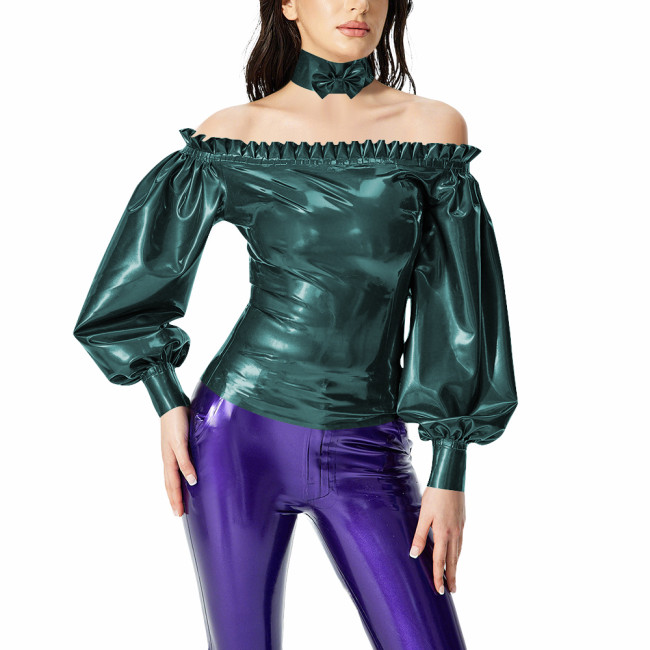 Fashion PVC Patent Leather Women Tops Sexy Ruffles Off Shoulder Top with Bow Collar Ladies Zipper Back Lantern Sleeve Blouses