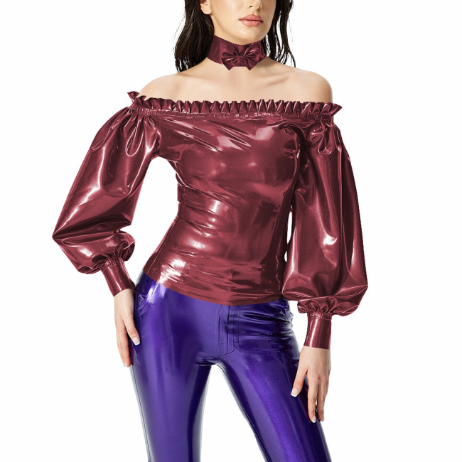 Fashion PVC Patent Leather Women Tops Sexy Ruffles Off Shoulder Top with Bow Collar Ladies Zipper Back Lantern Sleeve Blouses