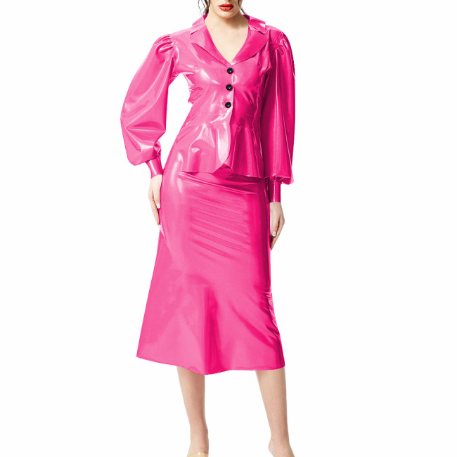 Plus Size Wet Look PVC Leather Dress Suit Puff Long Sleeves Slim Top with Knee-length Skirts Outfits Party Clubwear Streetwear