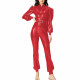 Puff Long Sleeves Jumpsuit for Ladies Wetlook Streetwear Back Zipper PVC Shiny Leather Rompers with Belt Party Womens Bodysuit