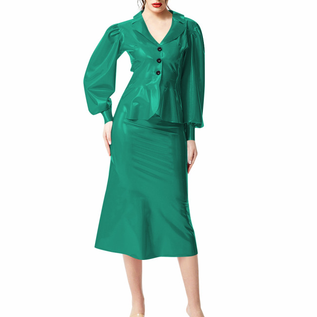 Plus Size Wet Look PVC Leather Dress Suit Puff Long Sleeves Slim Top with Knee-length Skirts Outfits Party Clubwear Streetwear