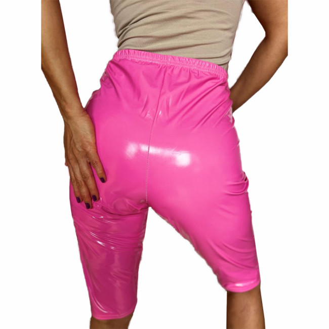 Women Sexy Stretch Knee-length Pants Wetlook PVC Leather Clubwear Sissy High Waist Elastic Solid Color Shorts Leggings Bottoms