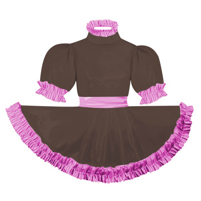 Adult Puff Short Sleeves Lolita Mini Dress Pink Ruffles Turtleneck Dress with Belt Crossdresser Party A-line Pleated Maid Dress