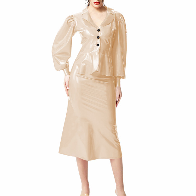Plus Size Wet Look PVC Leather Dress Suit Puff Long Sleeves Slim Top with Knee-length Skirts Outfits Party Clubwear Streetwear