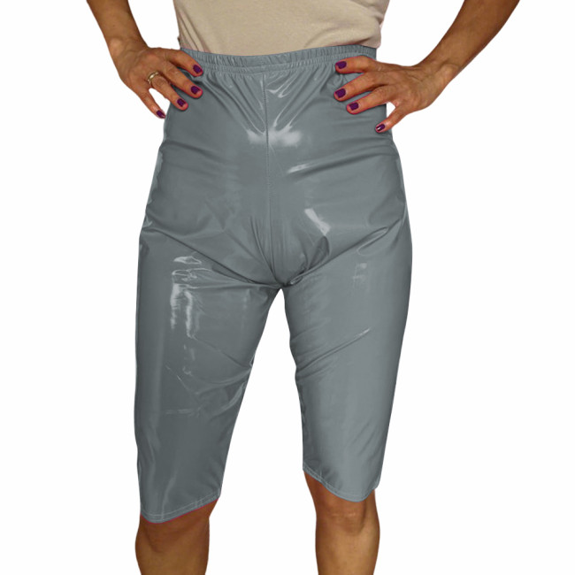 Women Sexy Stretch Knee-length Pants Wetlook PVC Leather Clubwear Sissy High Waist Elastic Solid Color Shorts Leggings Bottoms
