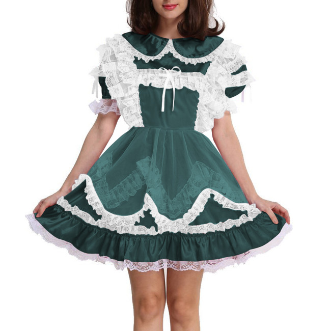 Lolita Sissy Maid Lockable Satin Mini Dress Party Cute Peter Pan Collar Maid Outfits Puff Short Sleeves A-line Pleated Dresses