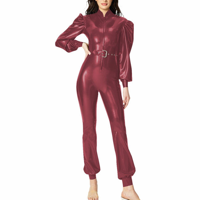 Puff Long Sleeves Jumpsuit for Ladies Wetlook Streetwear Back Zipper PVC Shiny Leather Rompers with Belt Party Womens Bodysuit