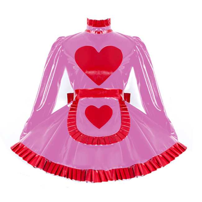 Lolita Pleated Maid Cosplay Dress Outfit Lockable Cross Dressing Maid Uniforms Cute Long Sleeve Dress with Heart Apron Halloween