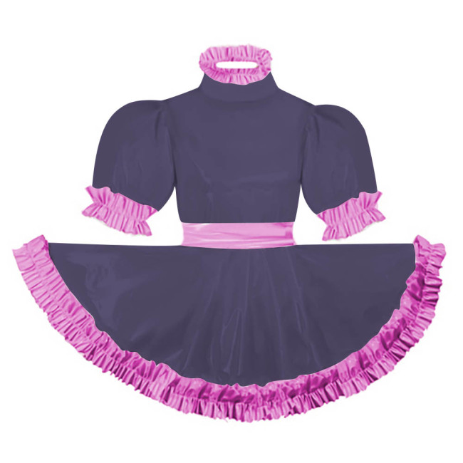 Adult Puff Short Sleeves Lolita Mini Dress Pink Ruffles Turtleneck Dress with Belt Crossdresser Party A-line Pleated Maid Dress