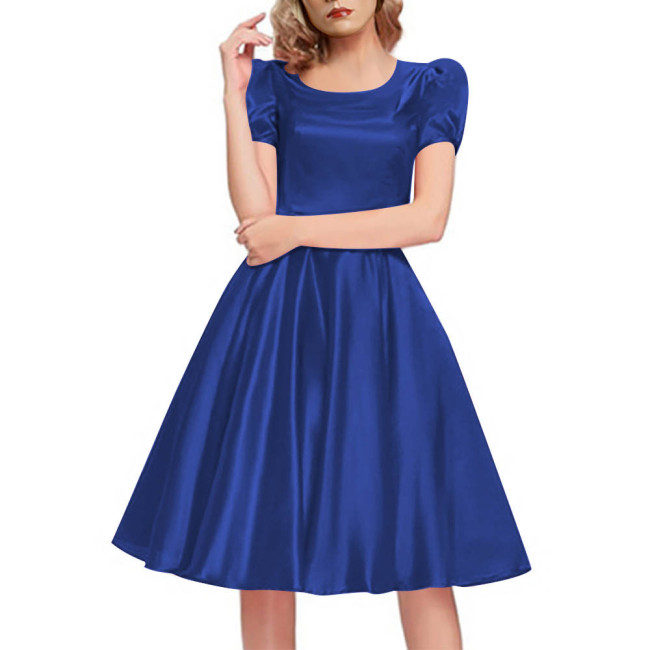 Elegant Slim Satin Dress High Waist O-Neck Short Sleeve Midi Dress Evening Party Solid Color Swing Dress Casual Outfit for Women