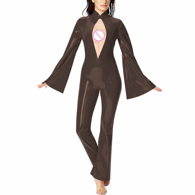 Ladies Flared Long Sleeved Hollow Sexy Jumpsuits 7XL Women Stand Collar Vinyl PVC Leather Skinny Rompers Stretch Female Clubwear