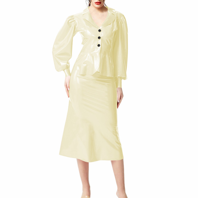 Plus Size Wet Look PVC Leather Dress Suit Puff Long Sleeves Slim Top with Knee-length Skirts Outfits Party Clubwear Streetwear