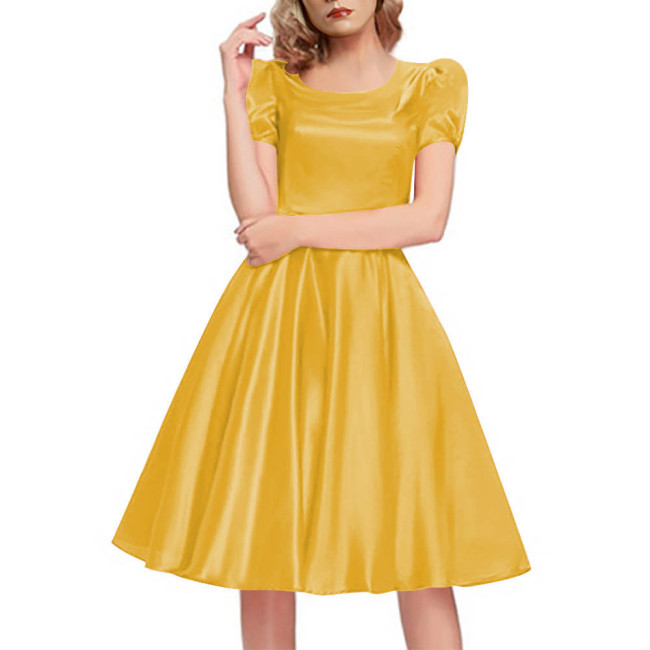 Elegant Slim Satin Dress High Waist O-Neck Short Sleeve Midi Dress Evening Party Solid Color Swing Dress Casual Outfit for Women