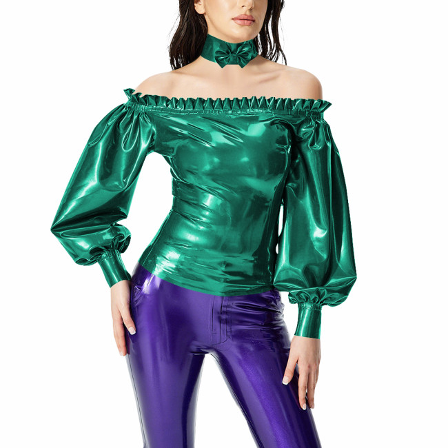 Fashion PVC Patent Leather Women Tops Sexy Ruffles Off Shoulder Top with Bow Collar Ladies Zipper Back Lantern Sleeve Blouses