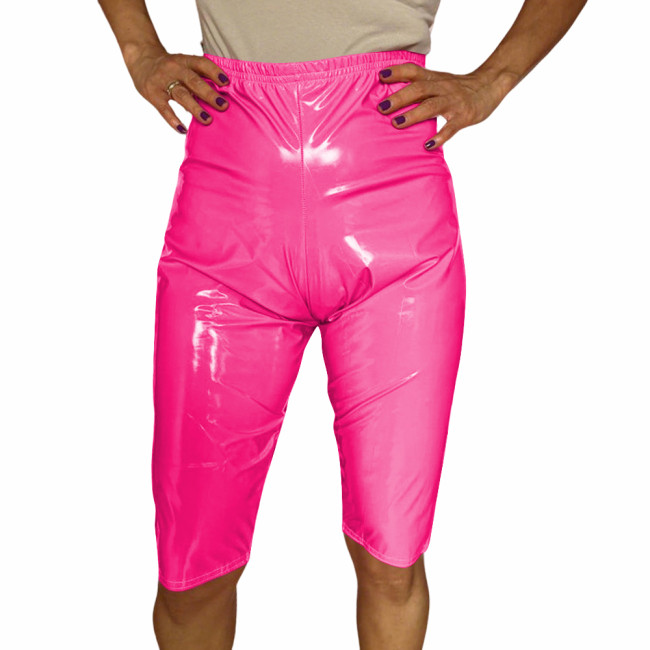 Women Sexy Stretch Knee-length Pants Wetlook PVC Leather Clubwear Sissy High Waist Elastic Solid Color Shorts Leggings Bottoms