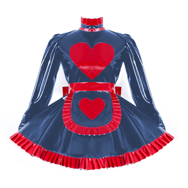 Lolita Pleated Maid Cosplay Dress Outfit Lockable Cross Dressing Maid Uniforms Cute Long Sleeve Dress with Heart Apron Halloween
