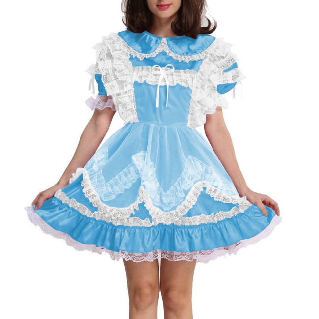 Lolita Sissy Maid Lockable Satin Mini Dress Party Cute Peter Pan Collar Maid Outfits Puff Short Sleeves A-line Pleated Dresses