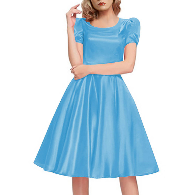 Elegant Slim Satin Dress High Waist O-Neck Short Sleeve Midi Dress Evening Party Solid Color Swing Dress Casual Outfit for Women