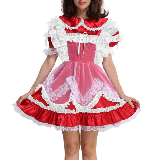 Lolita Sissy Maid Lockable Satin Mini Dress Party Cute Peter Pan Collar Maid Outfits Puff Short Sleeves A-line Pleated Dresses