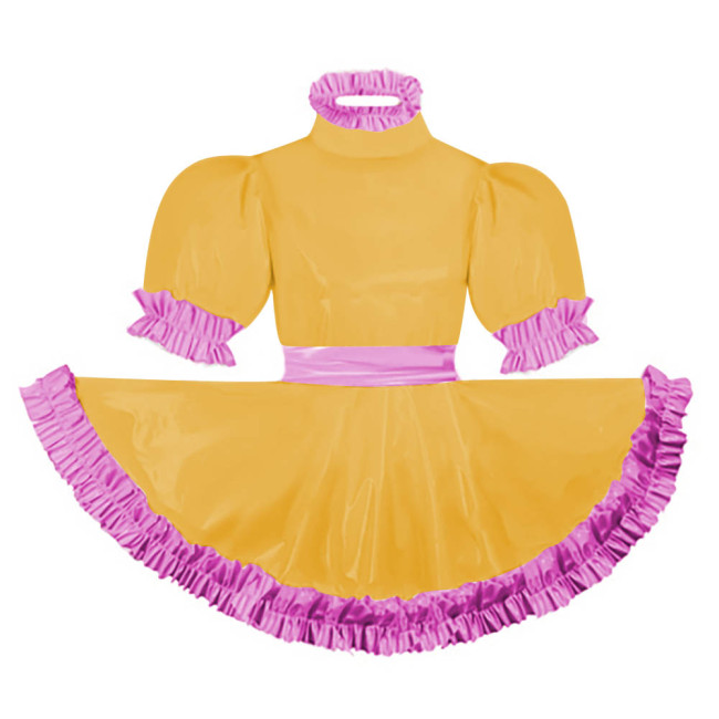Adult Puff Short Sleeves Lolita Mini Dress Pink Ruffles Turtleneck Dress with Belt Crossdresser Party A-line Pleated Maid Dress