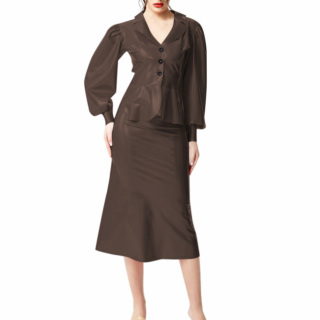 Plus Size Wet Look PVC Leather Dress Suit Puff Long Sleeves Slim Top with Knee-length Skirts Outfits Party Clubwear Streetwear