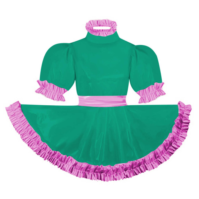 Adult Puff Short Sleeves Lolita Mini Dress Pink Ruffles Turtleneck Dress with Belt Crossdresser Party A-line Pleated Maid Dress