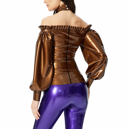 Fashion PVC Patent Leather Women Tops Sexy Ruffles Off Shoulder Top with Bow Collar Ladies Zipper Back Lantern Sleeve Blouses