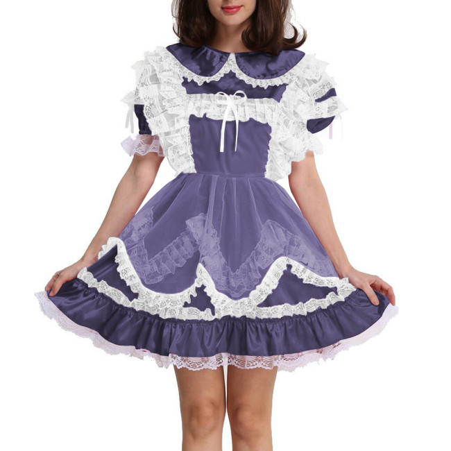 Lolita Sissy Maid Lockable Satin Mini Dress Party Cute Peter Pan Collar Maid Outfits Puff Short Sleeves A-line Pleated Dresses