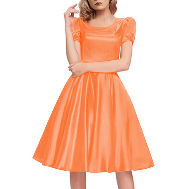 Elegant Slim Satin Dress High Waist O-Neck Short Sleeve Midi Dress Evening Party Solid Color Swing Dress Casual Outfit for Women