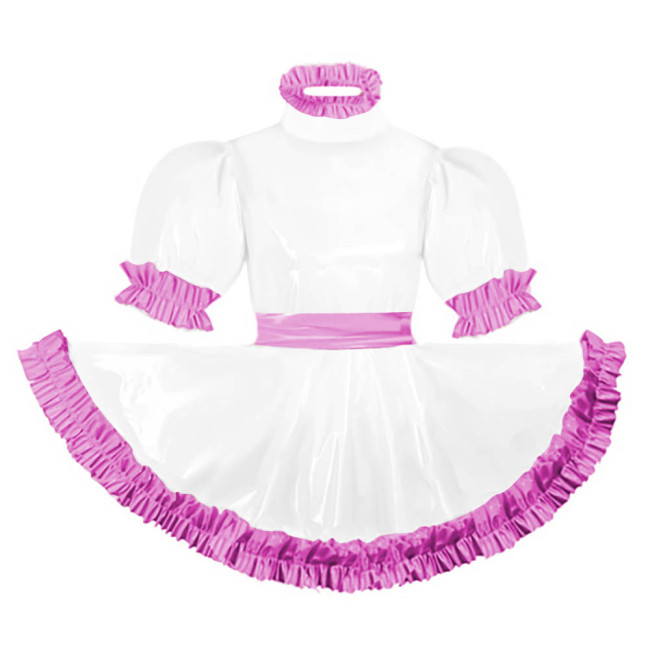 Adult Puff Short Sleeves Lolita Mini Dress Pink Ruffles Turtleneck Dress with Belt Crossdresser Party A-line Pleated Maid Dress