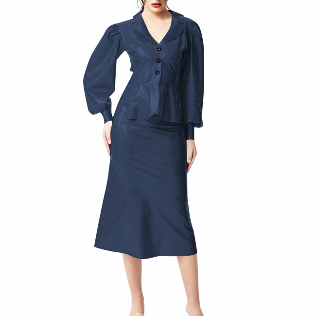 Plus Size Wet Look PVC Leather Dress Suit Puff Long Sleeves Slim Top with Knee-length Skirts Outfits Party Clubwear Streetwear