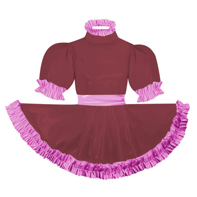 Adult Puff Short Sleeves Lolita Mini Dress Pink Ruffles Turtleneck Dress with Belt Crossdresser Party A-line Pleated Maid Dress