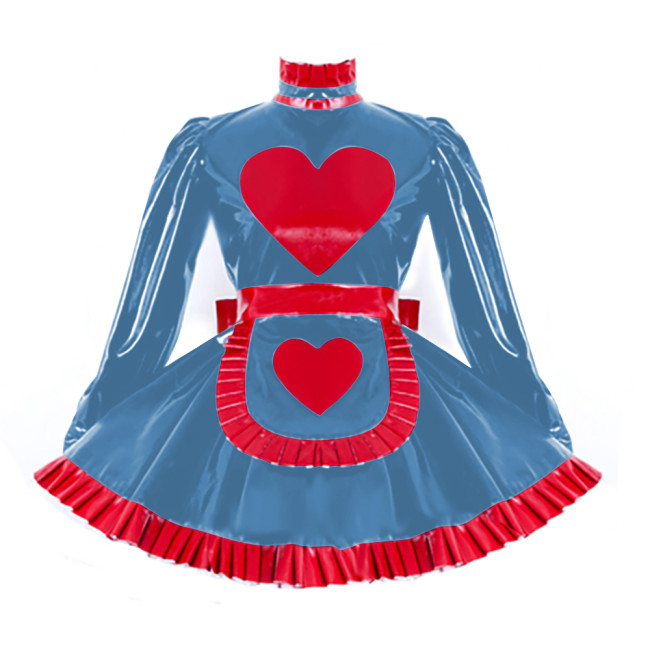 Lolita Pleated Maid Cosplay Dress Outfit Lockable Cross Dressing Maid Uniforms Cute Long Sleeve Dress with Heart Apron Halloween